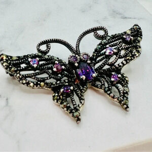 Vintage 925 Sterling Butterfly Brooch Pin Purple Glass Gems Marcasite Es…